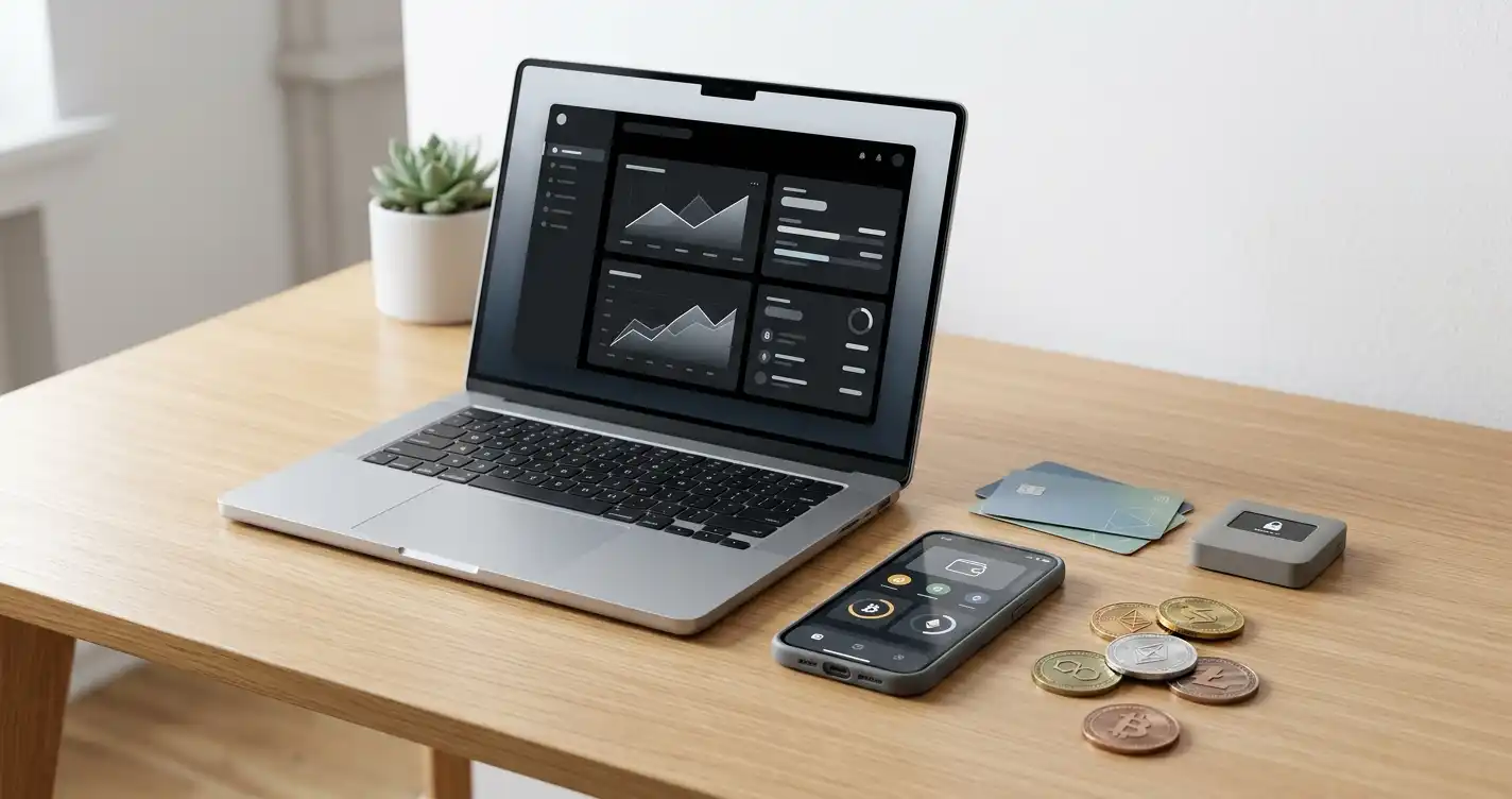Laptop and phone beside payment cards and cryptocurrency symbols on a clean editorial desk
