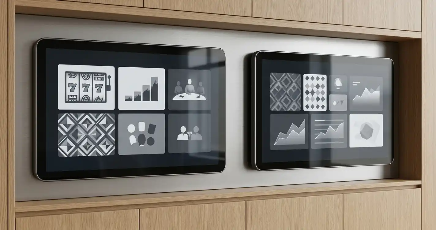 Abstract editorial display of slot reels, live table silhouettes and game-category tiles on two screens