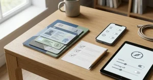 Identity document shapes, a verification checklist, a smartphone and account-control toggles on a neutral desk