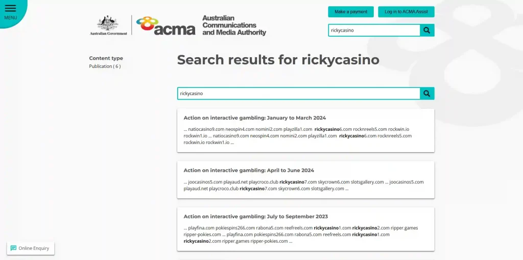 Australian government webpage explaining rules for prohibited interactive gambling services