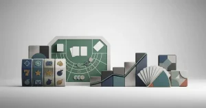 Abstract gaming catalogue with slot reels, a live table layout and geometric game tiles