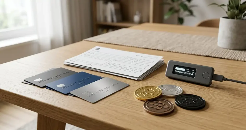 Payment cards, bank transfer document, digital wallet and cryptocurrency symbols arranged on a neutral desk