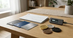 Payment cards, bank transfer document, digital wallet and cryptocurrency symbols arranged on a neutral desk