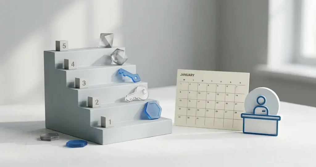 A neutral stepped loyalty ladder with numbered markers, a calendar card and a simple service-desk symbol